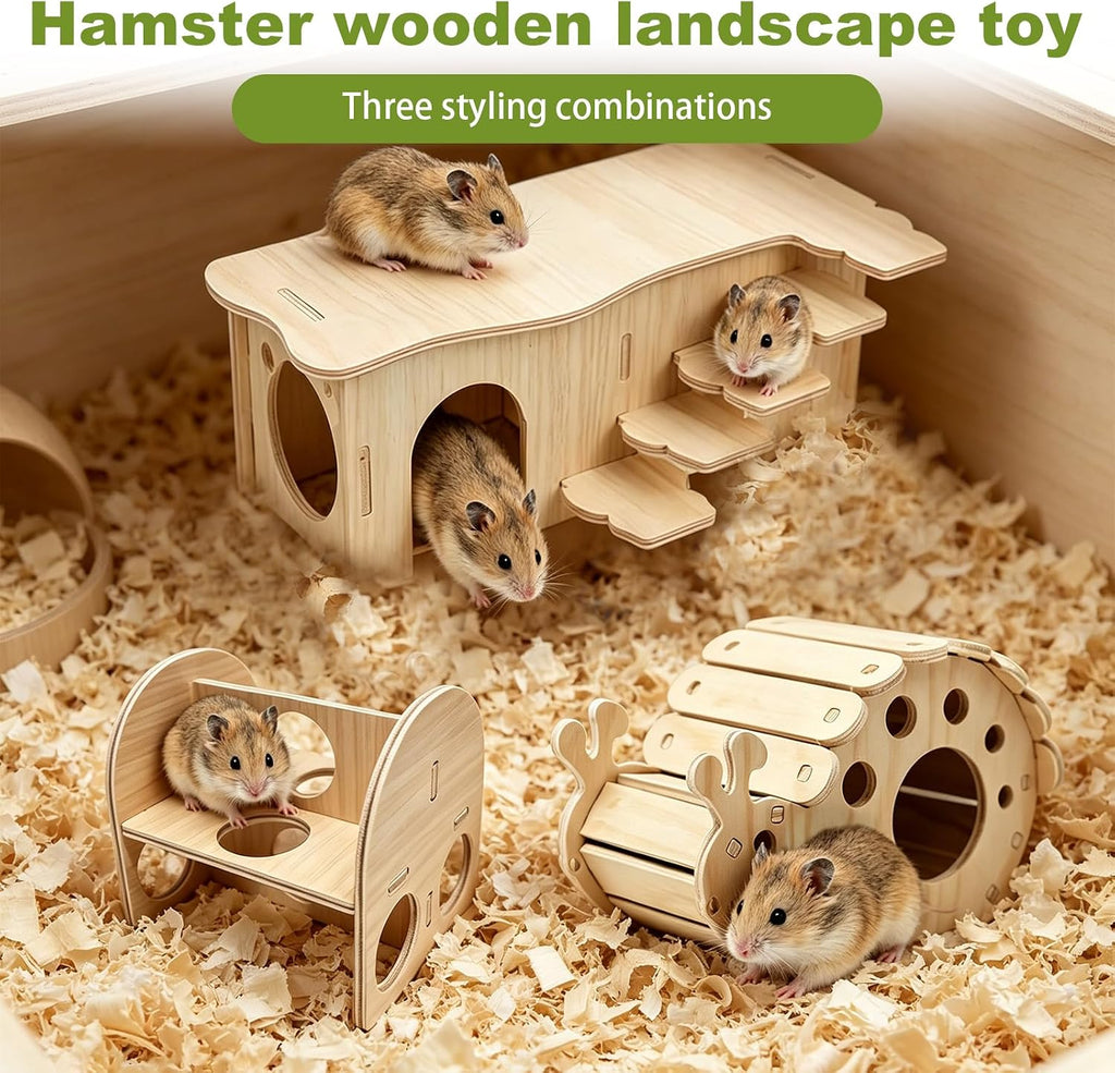 3 Pcs Wooden Hamster Platform Set,Snail‑Shaped Hideout with Climbing Ladder