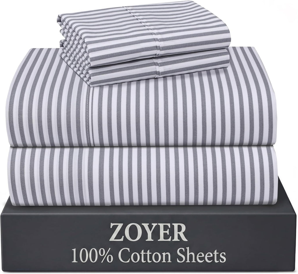 ZOYER 100% Cotton Full Sheets, Percale Bedding Full Size Set, Grey Stripe