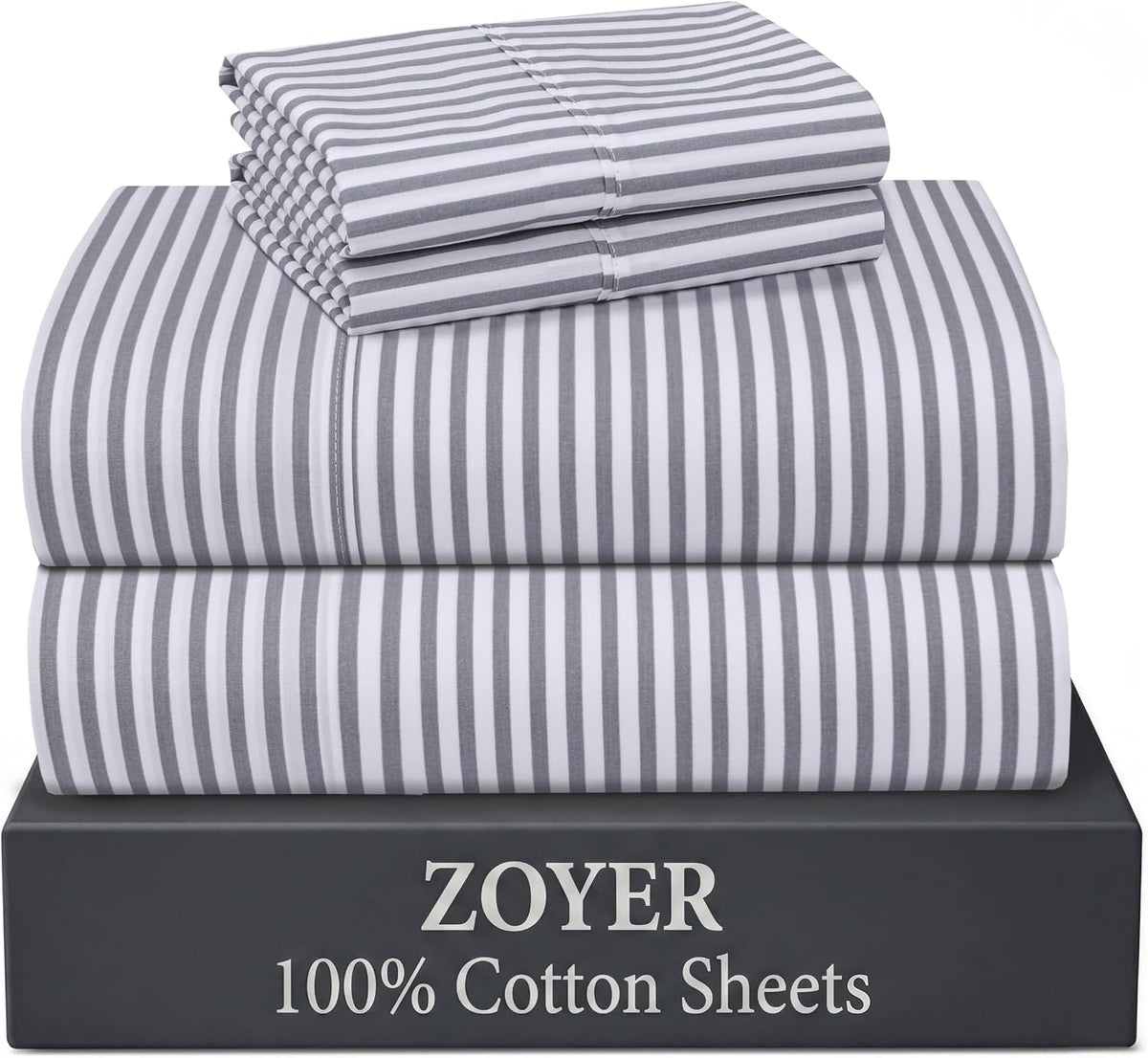 ZOYER 100% Cotton Full Sheets, Percale Bedding Full Size Set, Grey Stripe