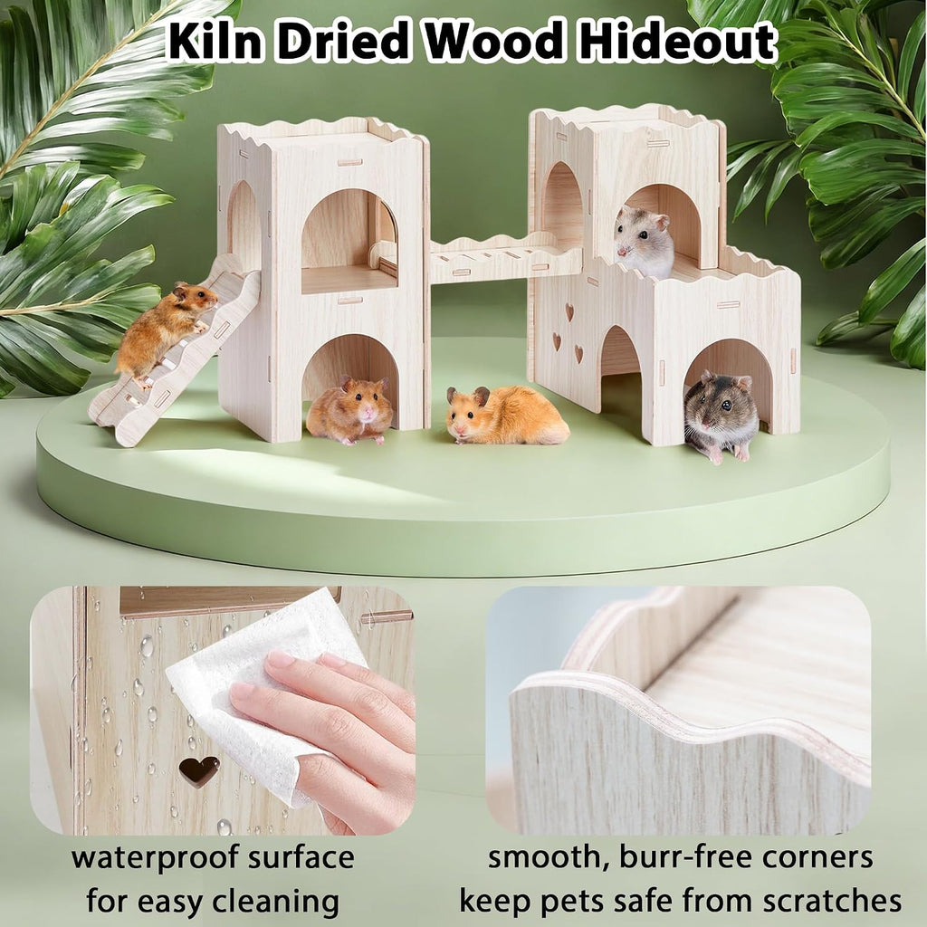 Large Hamster Hideout, Wooden Double-Decker Castle with Climb Ladder