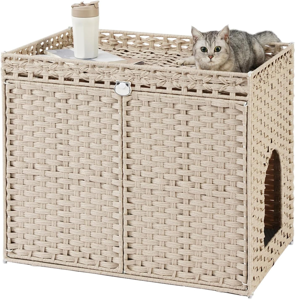 SETVSON Cat Litter Box Enclosure, XL Hidden PE Rattan, Light Khaki