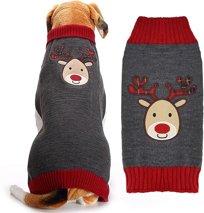 Dog Christmas Sweater Xmas Pet Clothes Cute Gray Reindeer Holiday Puppy Cat by DOGGYZSTYLE