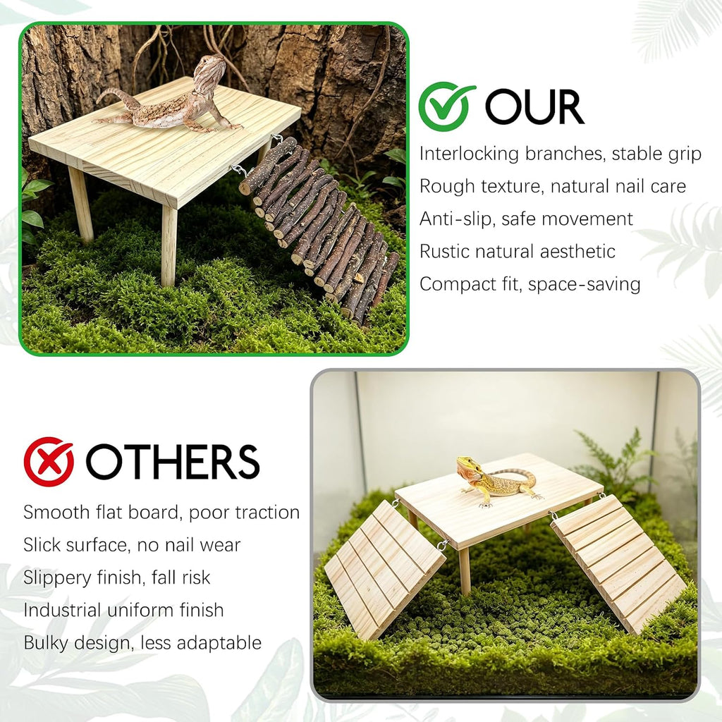 BNOSDM Wooden Basking Platform with Climbing Ramp Reptiles Hideout Bearded Dragon Hide Cave Reptile Tank Accessories Suit for Tortoise, Lizard, Toad, Gecko (Rectangle)