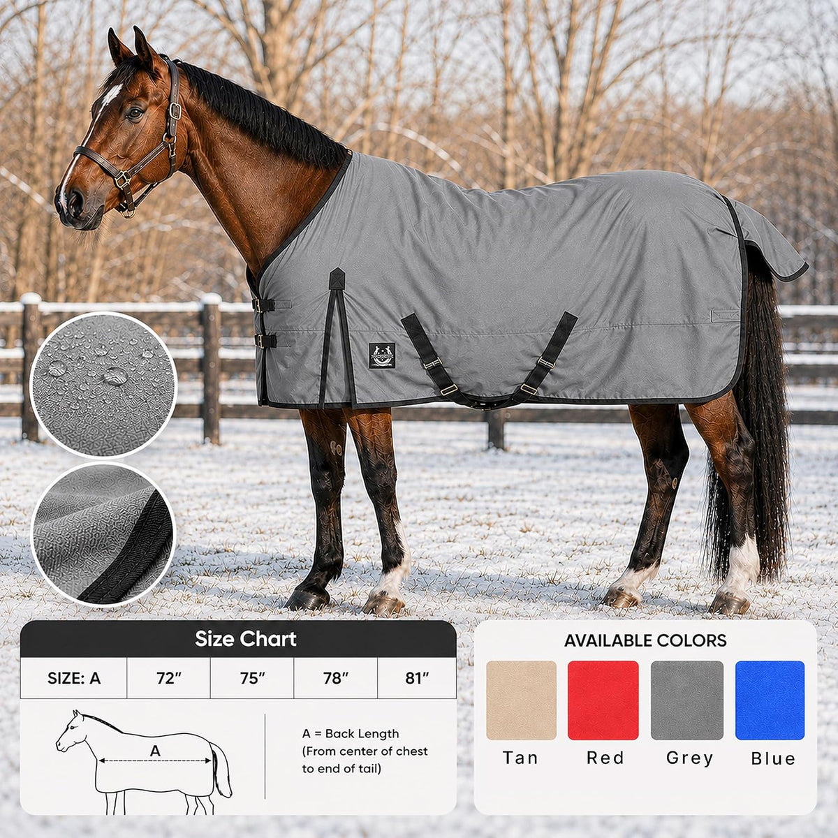Horse Blanket 600D Ripstop Winter Turnout Blanket, 250 GSM Polyfill, 100% Waterproof & Breathable, Cold Weather Horse Blanket with Secure Fit (Grey w/Black Trim),Size-78