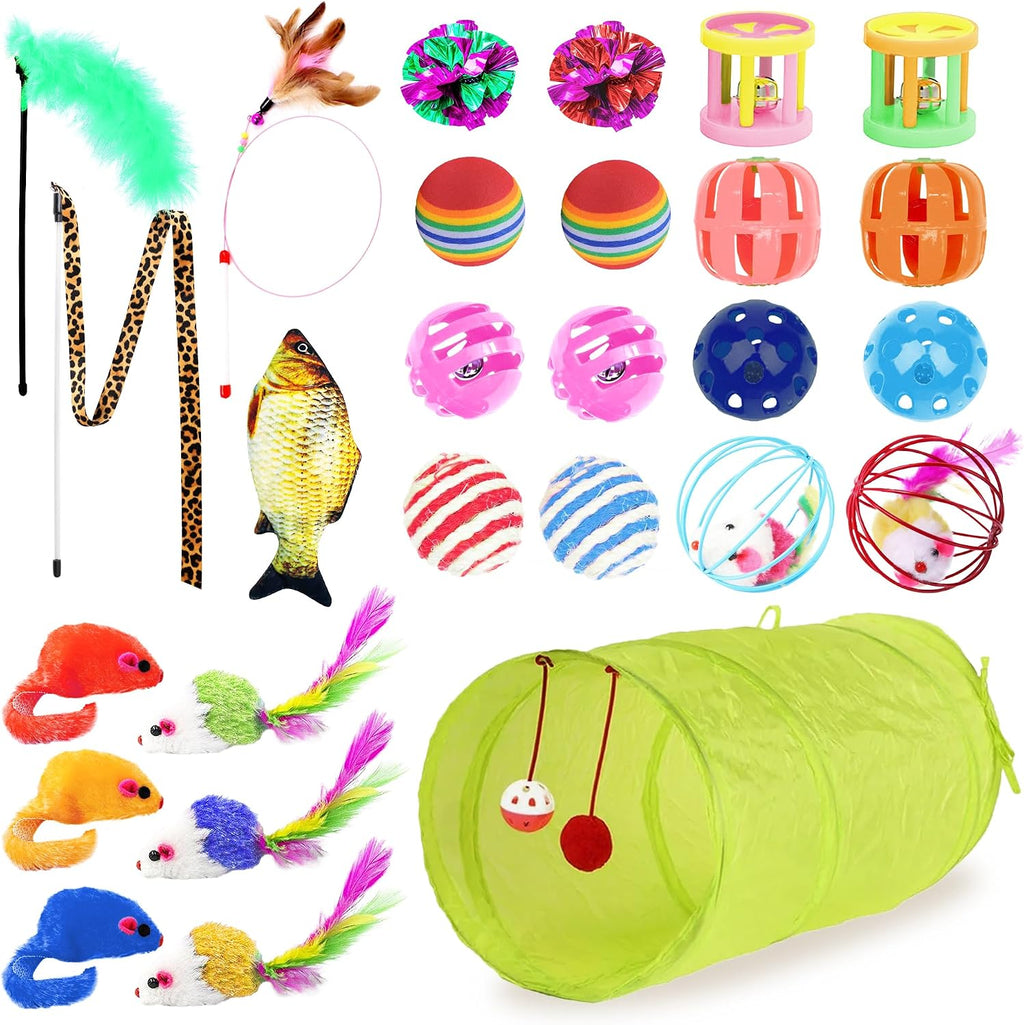 SunGrow Cat Tunnel and Assorted Activity Variety Pack, Interactive Kitten Accessories, for Indoors, Teaser Wand, Crinkle Balls, Bell Set, etc. (Assorted Toys, 30 Pieces)