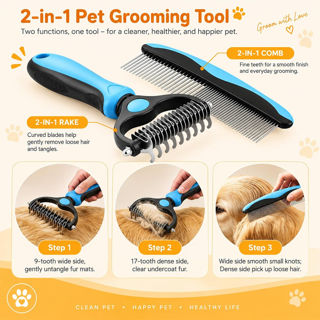 Pet Pro Grooming Tool Professional Dog Brush for Shedding and Double Sided Deshedding Dog Brush, Efficient Undercoat Rake for Dogs and Cats (A-Rake)
