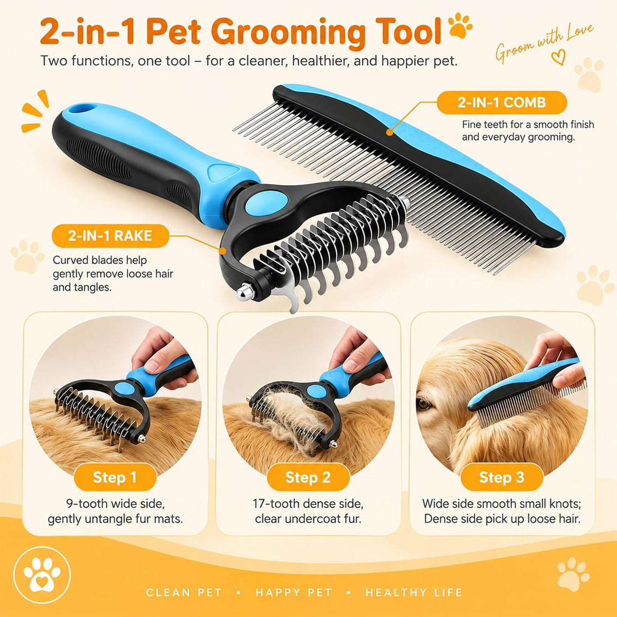 Pet Pro Grooming Tool Professional Dog Brush for Shedding and Double Sided Deshedding Dog Brush, Efficient Undercoat Rake for Dogs and Cats (A-Rake)
