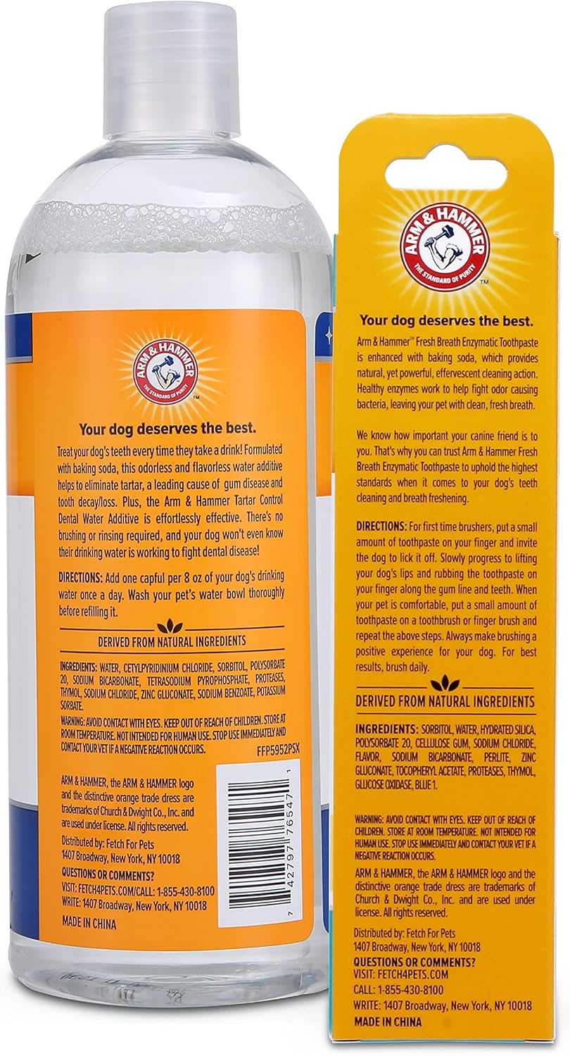 Combo Pack: Arm & Hammer Dog Dental Tartar Control Water Additive and Fresh Breath Vanilla Ginger Enzymatic Toothpaste