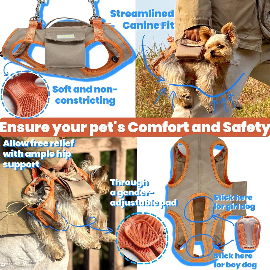 Pet Carrier Sling & Backpack, Full Body Lift Harness, Soft Lift Support and Rehab Harness for Small Dogs and Cats (Khaki, XXS)