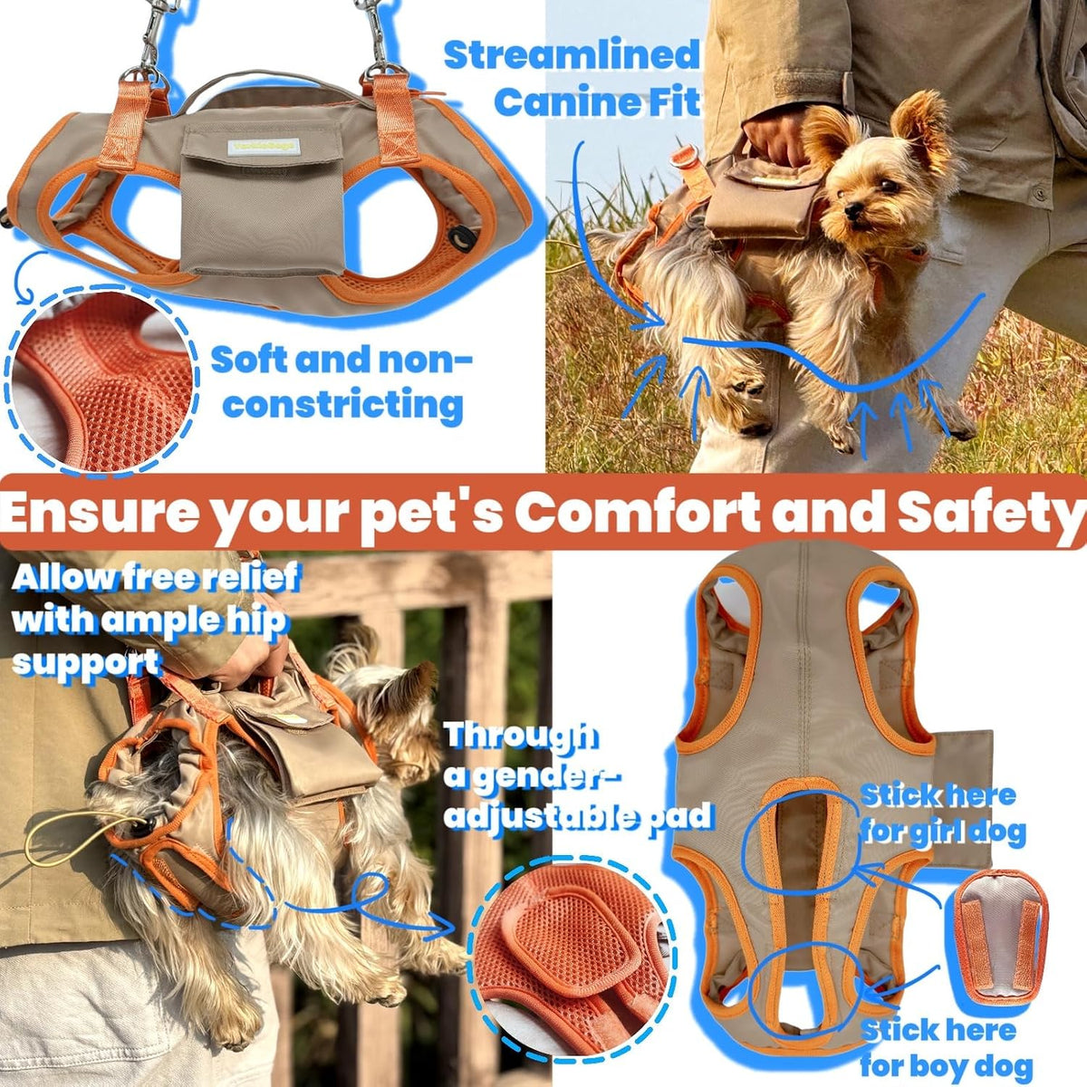 Pet Carrier Sling & Backpack, Full Body Lift Harness, Soft Lift Support and Rehab Harness for Small Dogs and Cats (Khaki, XXS)