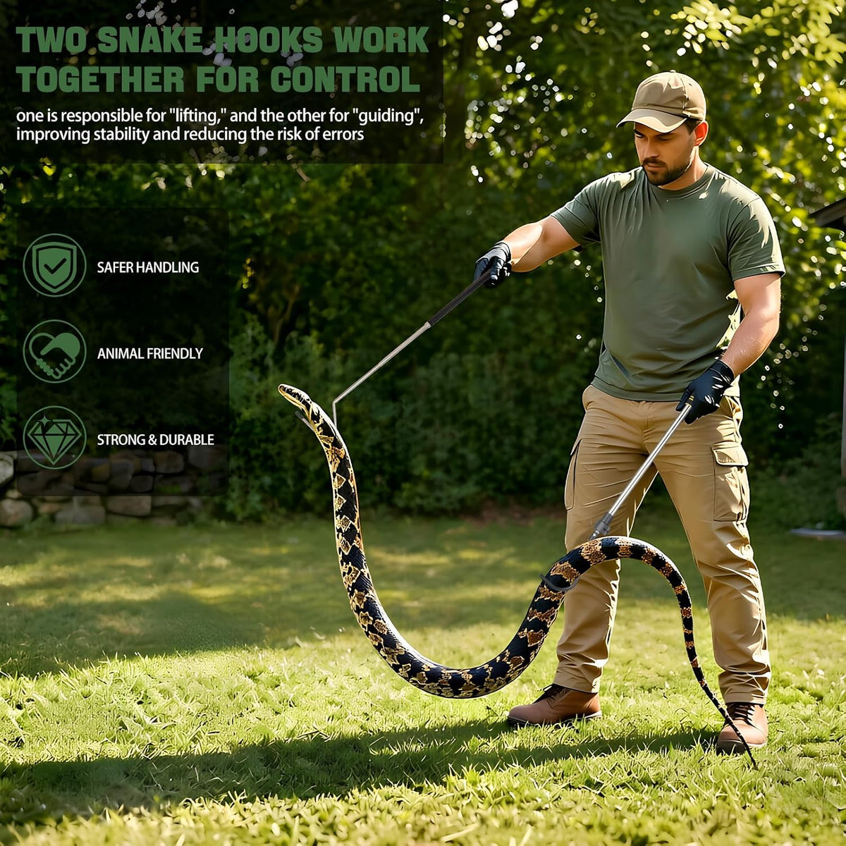 2pcs Snake Hook Set, Telescopic Snake Catcher Stainless Steel Snake Handling Tool for Moving Ball Rattlesnakes Python Copperhead with Long Handle (35-64inch&26inch)