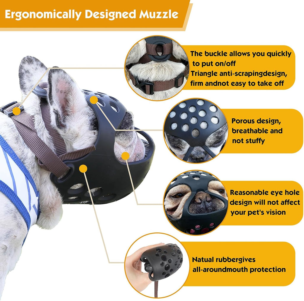 Short Snout Dog Muzzle- Adjustable Soft Silicone Flat Faced Bulldog Muzzle Breathable Dog Mask for Biting Chewing Training Licking and Grooming (Black, S（Head 13.0"-14.5"）)
