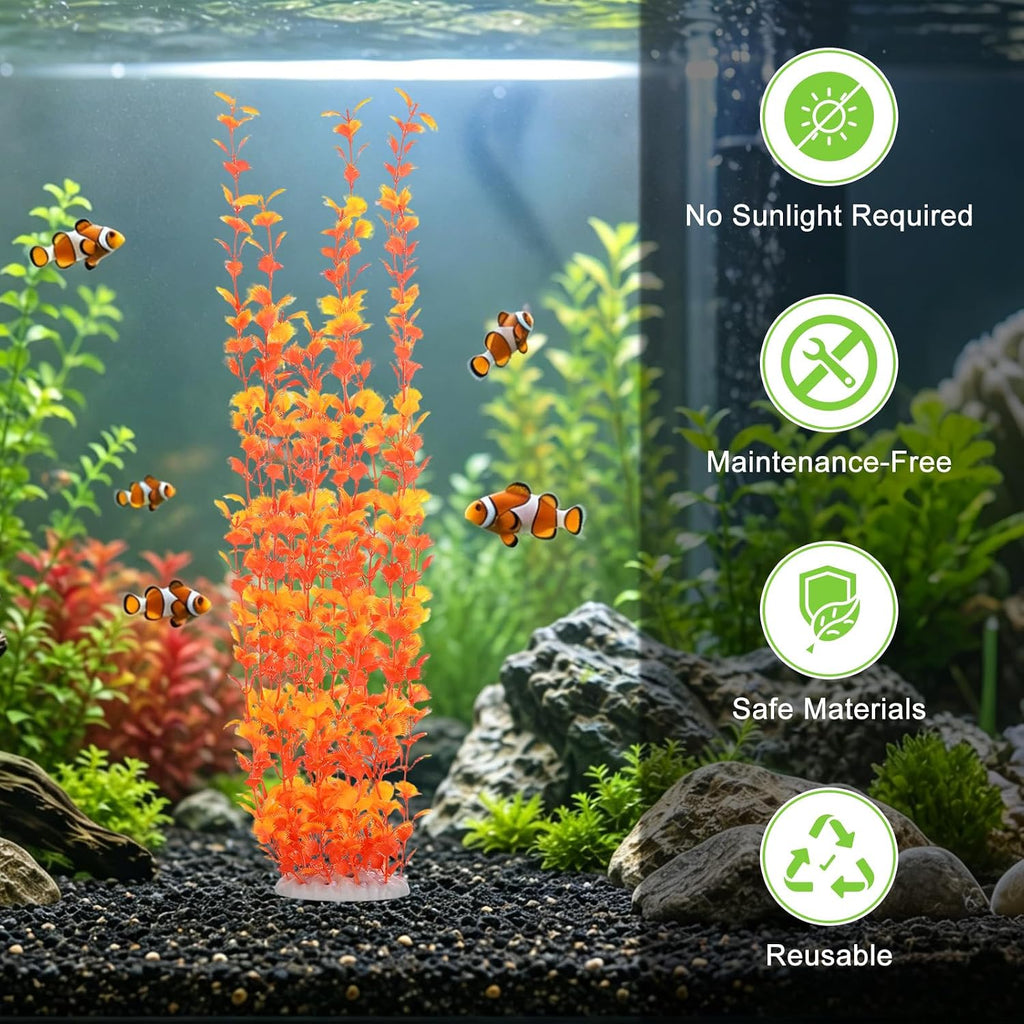 M METERXITY 2-Pack Tall Aquarium Plants, 23 Inch Plastic Large Artificial Fish Tank Plants for Aquarium Decor/Fish Tank Decorations Accessories [Style 2+3, Orange]