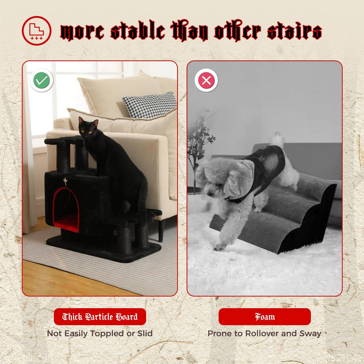 Gothic 3-in-1 Cat Stairs with Scratching Post & Condo, Pet Steps