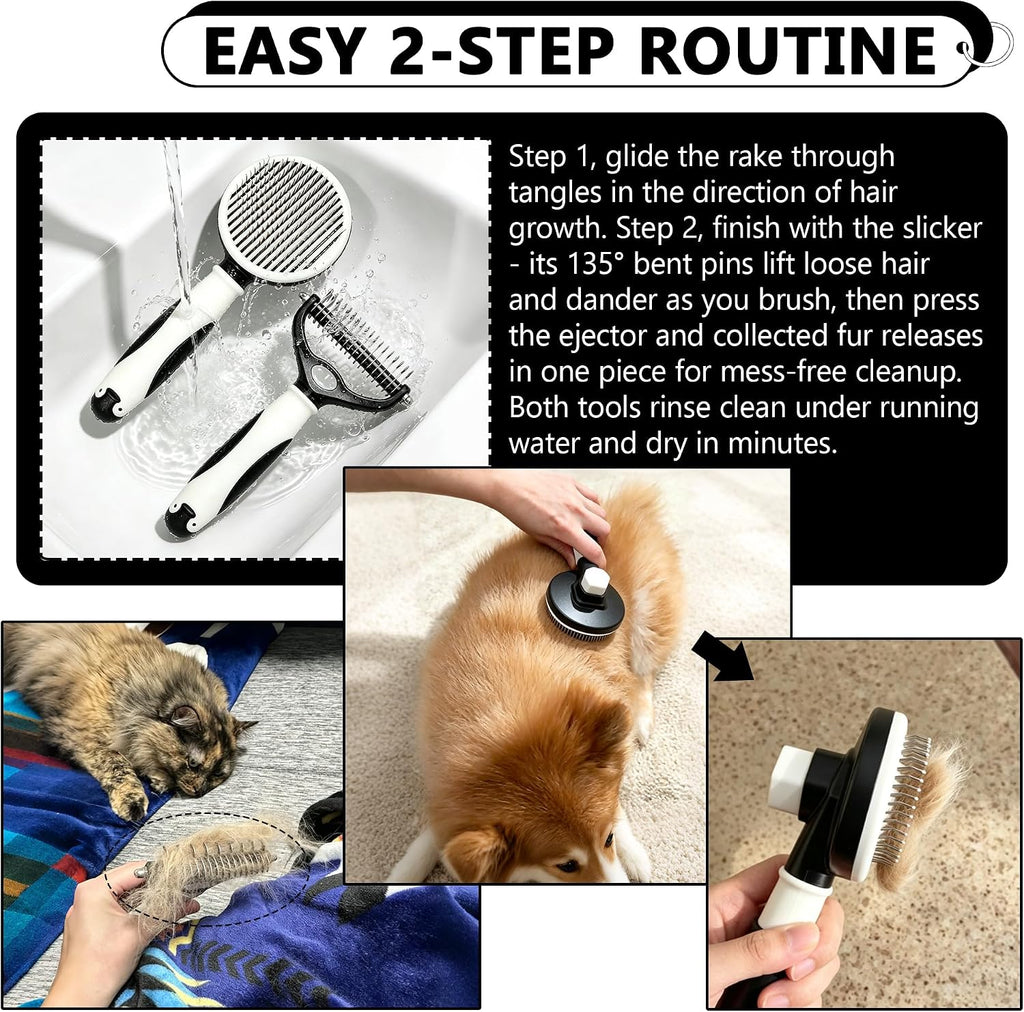 2Pc Dematting Rake & Self-Cleaning Slicker Brush for Dogs Cats