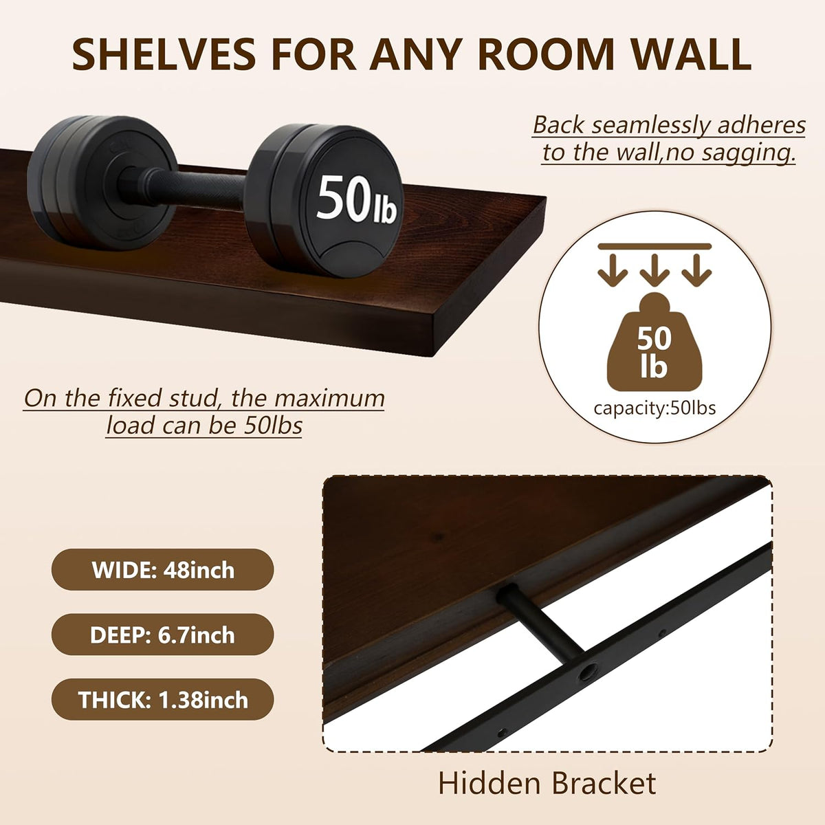 foxsky 48 Inch Long Walnut Floating Shelves for Wall, Solid Wood Shelf