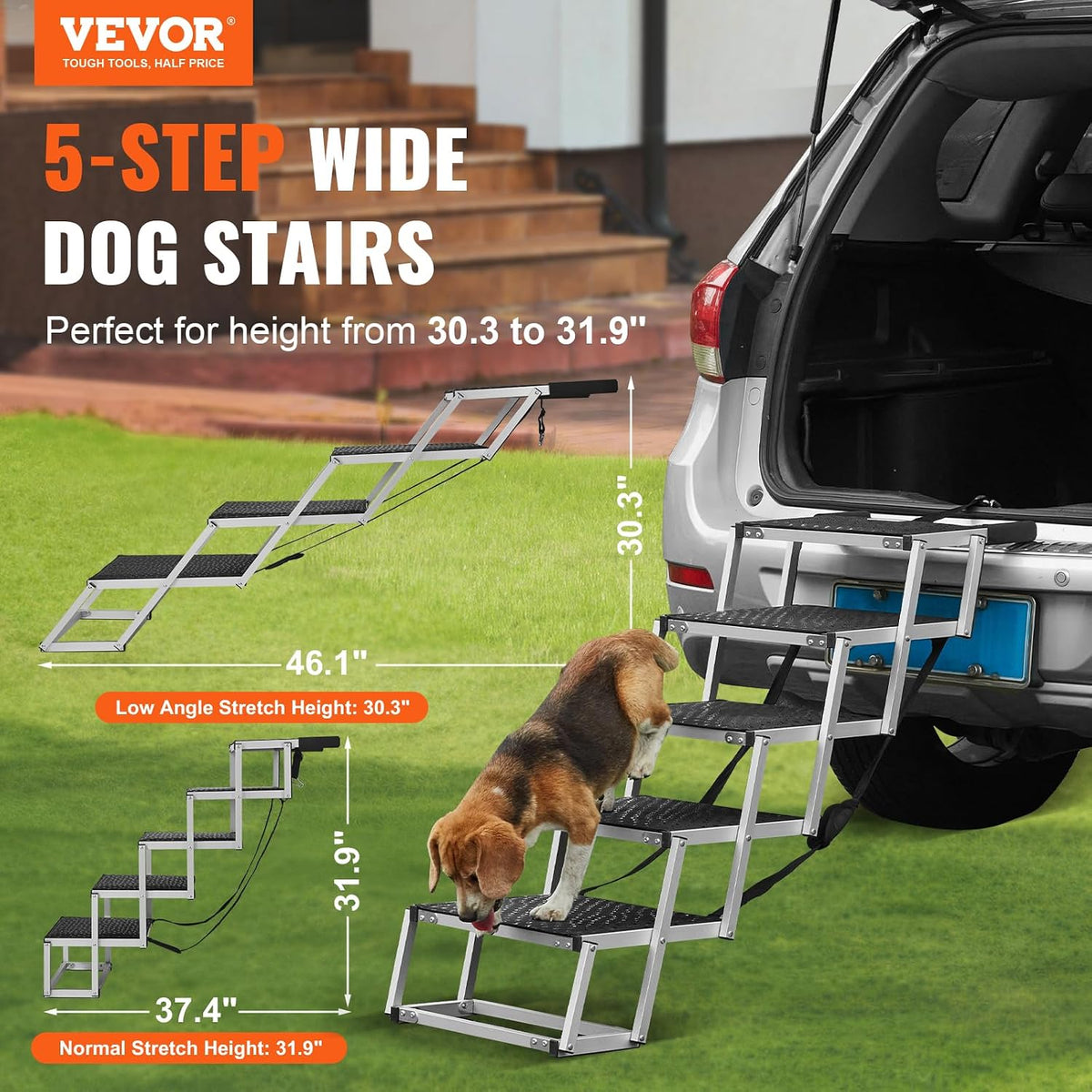 VEVOR Dog Stairs for Car Wide 5-Steps,Folding Dog Car Ramp with Nonslip Surface, Portable Pet Steps Lightweight Aluminum for Car, SUV and Truck, Supports up to 150 lbs