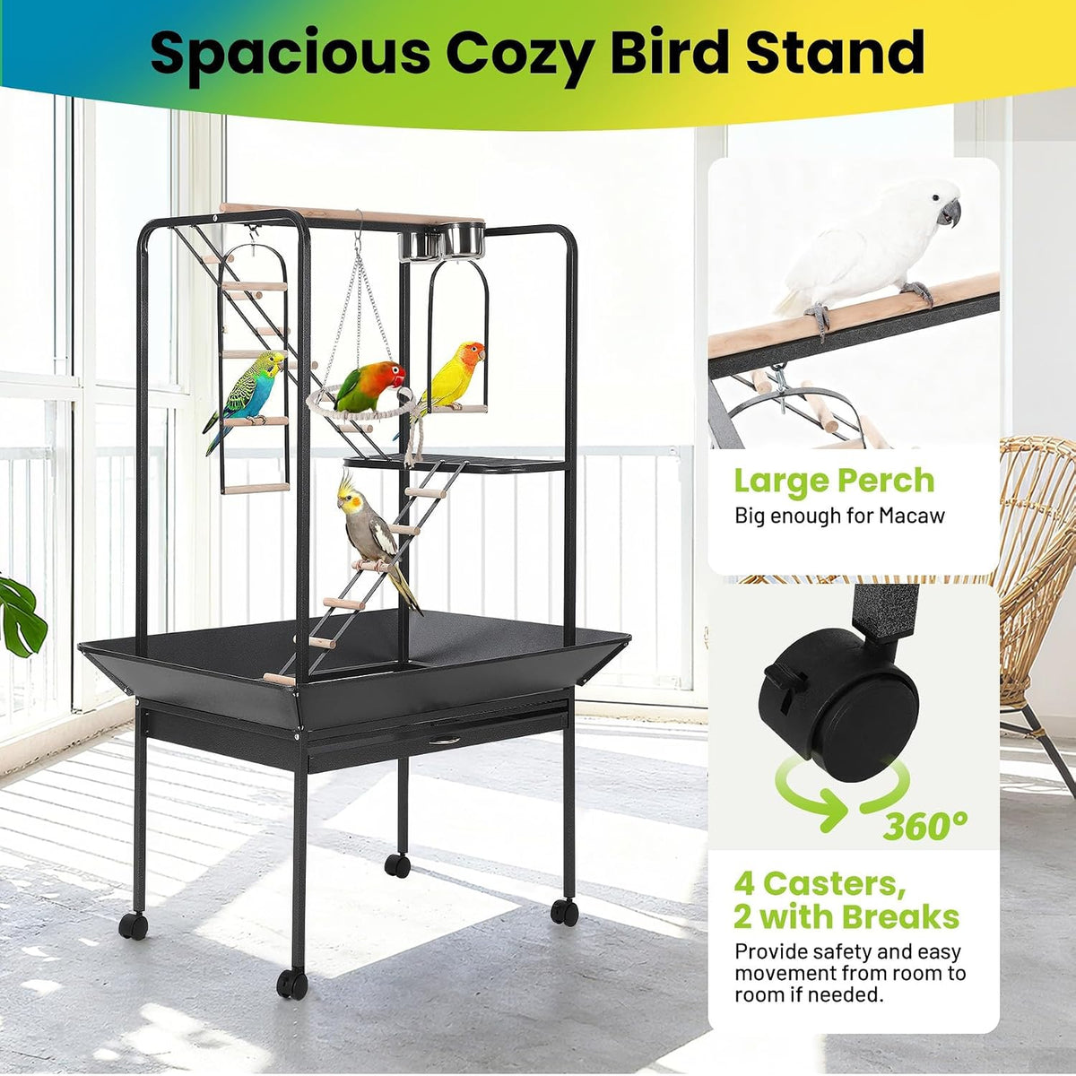 Versatile Bird Cage Stand with Wheels – Perches & Ladders, Black Hammer Finish Finish – Indoor/Outdoor Parrot Playstand for Conures, Macaws, Budgies, Cockatiels, Lovebirds, Parakeets