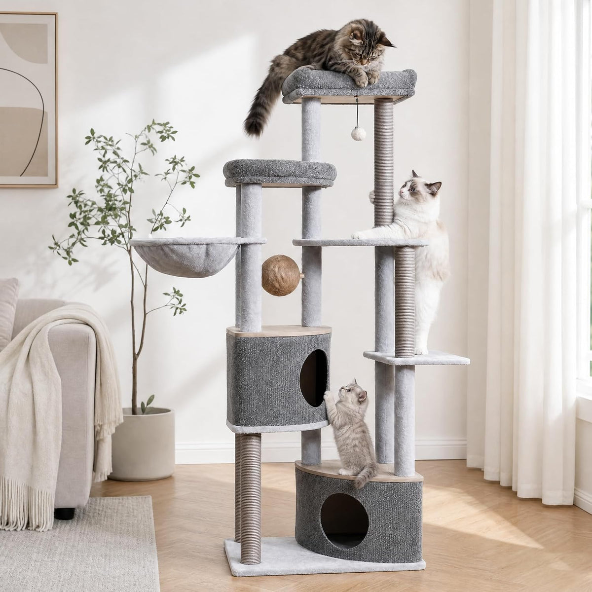 68.5" Modern Eco-Friendly Wood Cat Tree, Multi-Level Cat Tower