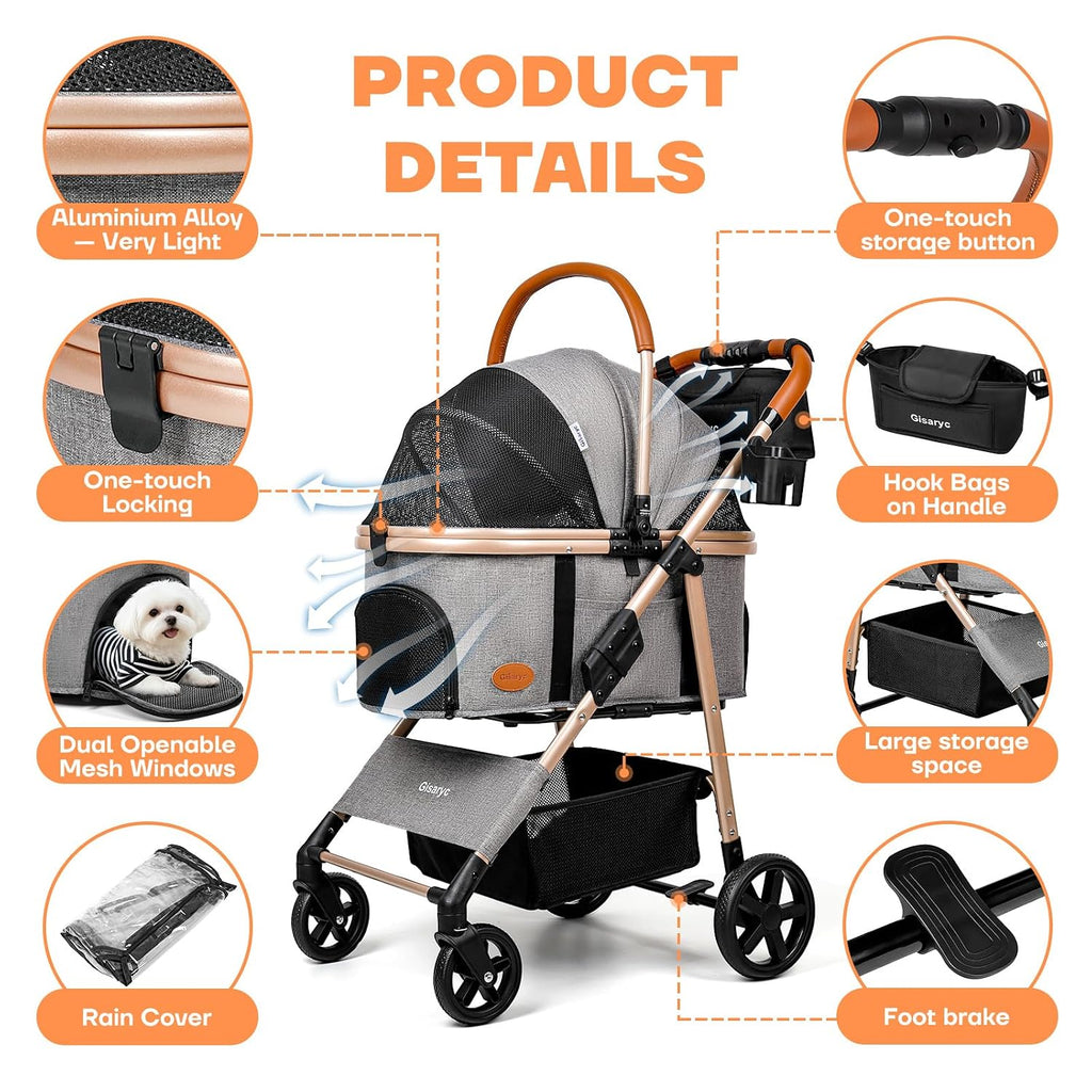 Dog Cat Stroller for Small/Medium Pets, 50 lbs, 3-in-1 Pet Stroller, Grey