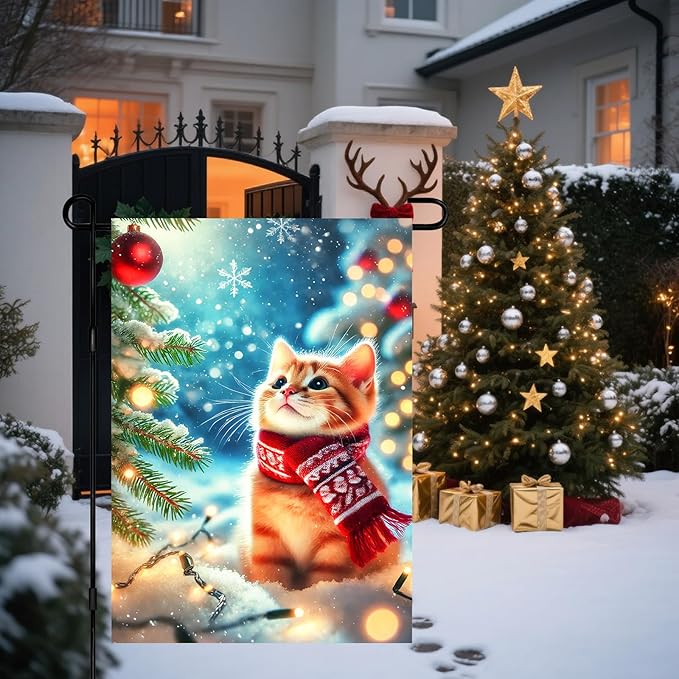 Christmas Garden Flag Winter Flag Cute Kitten Scarf Snow Scene Outdoor Yard - Image 5