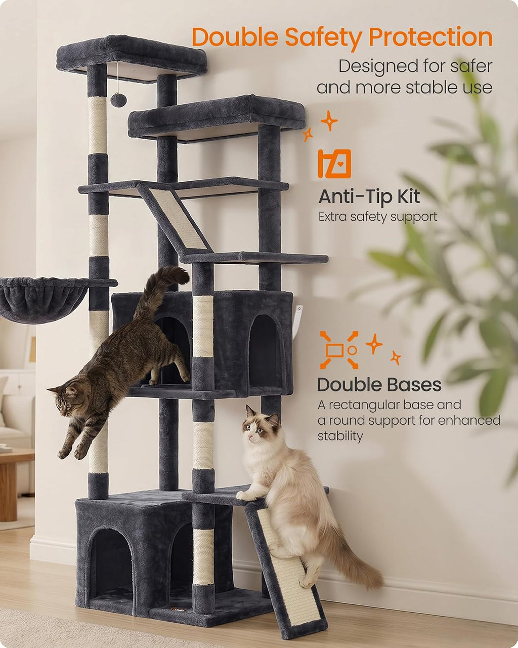 Feandrea Large Cat Tree, 72.6" Tall Sturdy Cat Tower for Indoor, Dark Gray