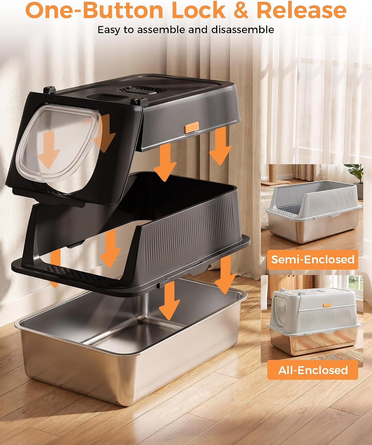 XL Extra Large, High Sided Enclosed Cat Litter Box, Activated Carbon Odor Control, Anti-Leak, Mat Scoop & Step, Black