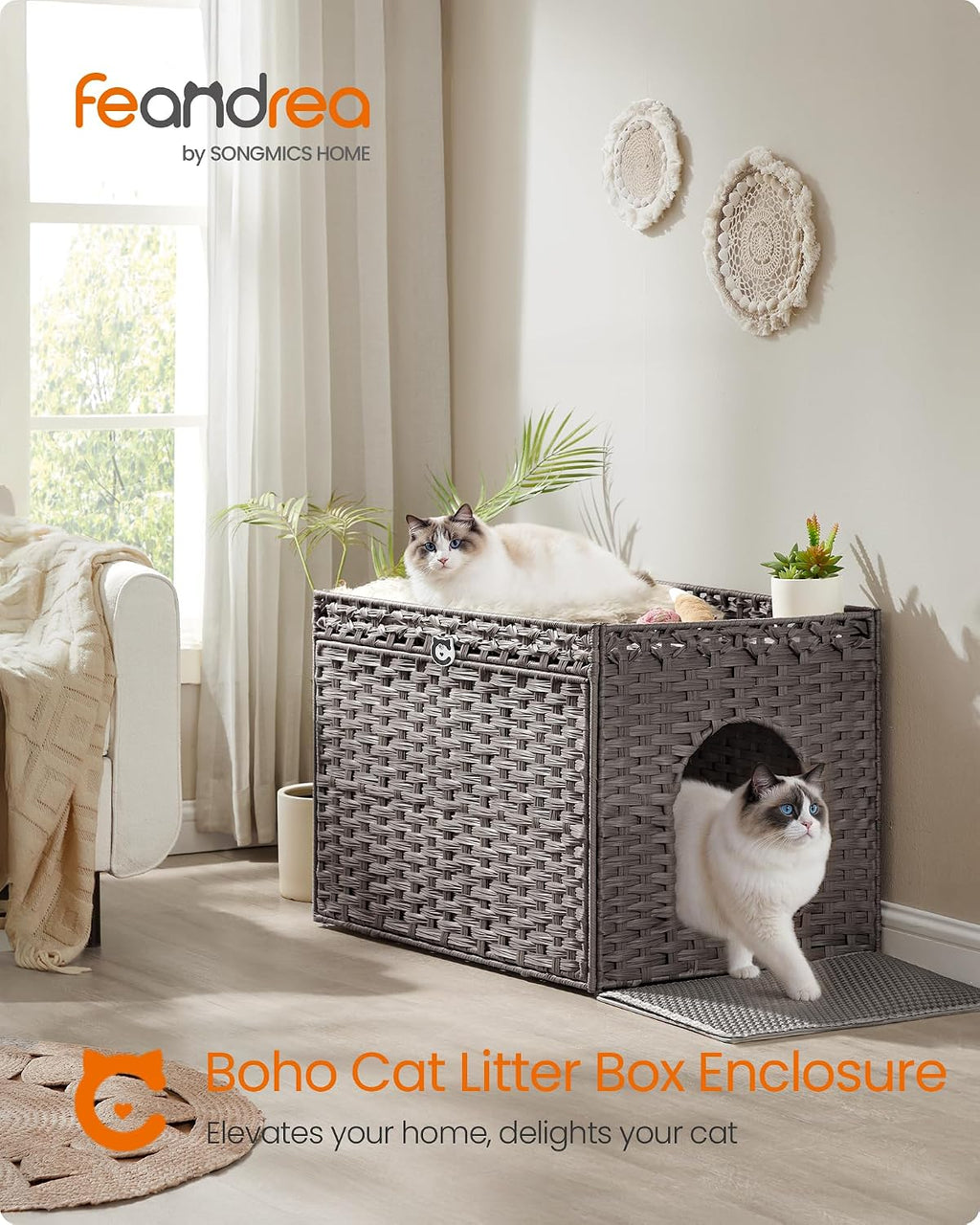 Feandrea Cat Litter Box Enclosure, Handwoven Rattan End Table, Extra Mat