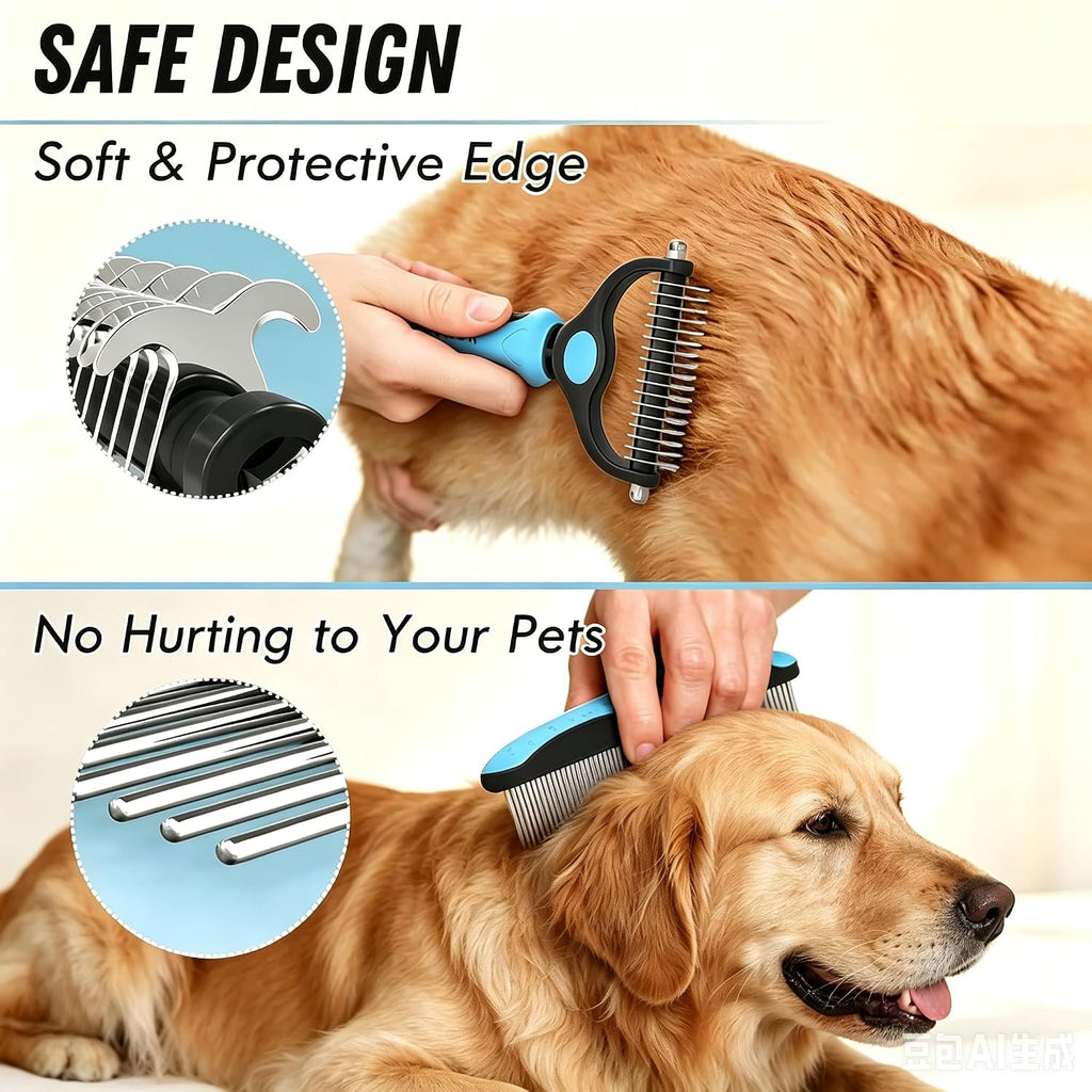 Dog Deshedding Rake for Shedding, Double-Sided Grooming Tool for Dogs & Cats, Gentle Skin-Friendly Pet Brush for Long and Short Hair Breeds, Removes Loose Hair and Keeps Coats Healthy (Brush & Comb)