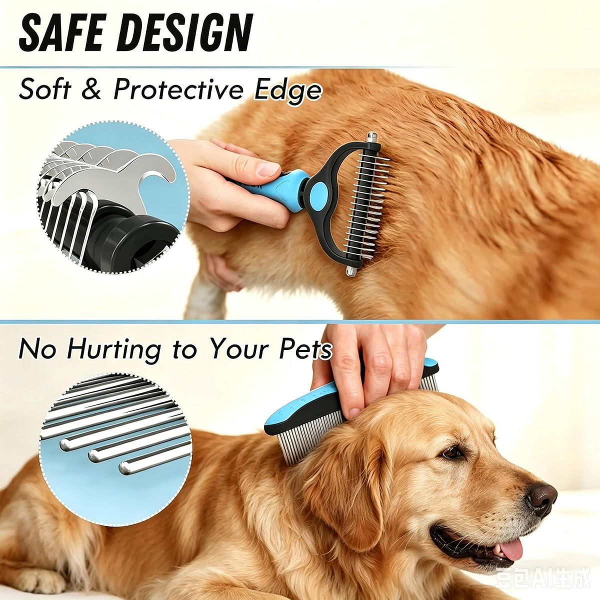 Dog Deshedding Rake for Shedding, Double-Sided Grooming Tool for Dogs & Cats, Gentle Skin-Friendly Pet Brush for Long and Short Hair Breeds, Removes Loose Hair and Keeps Coats Healthy (Brush & Comb)