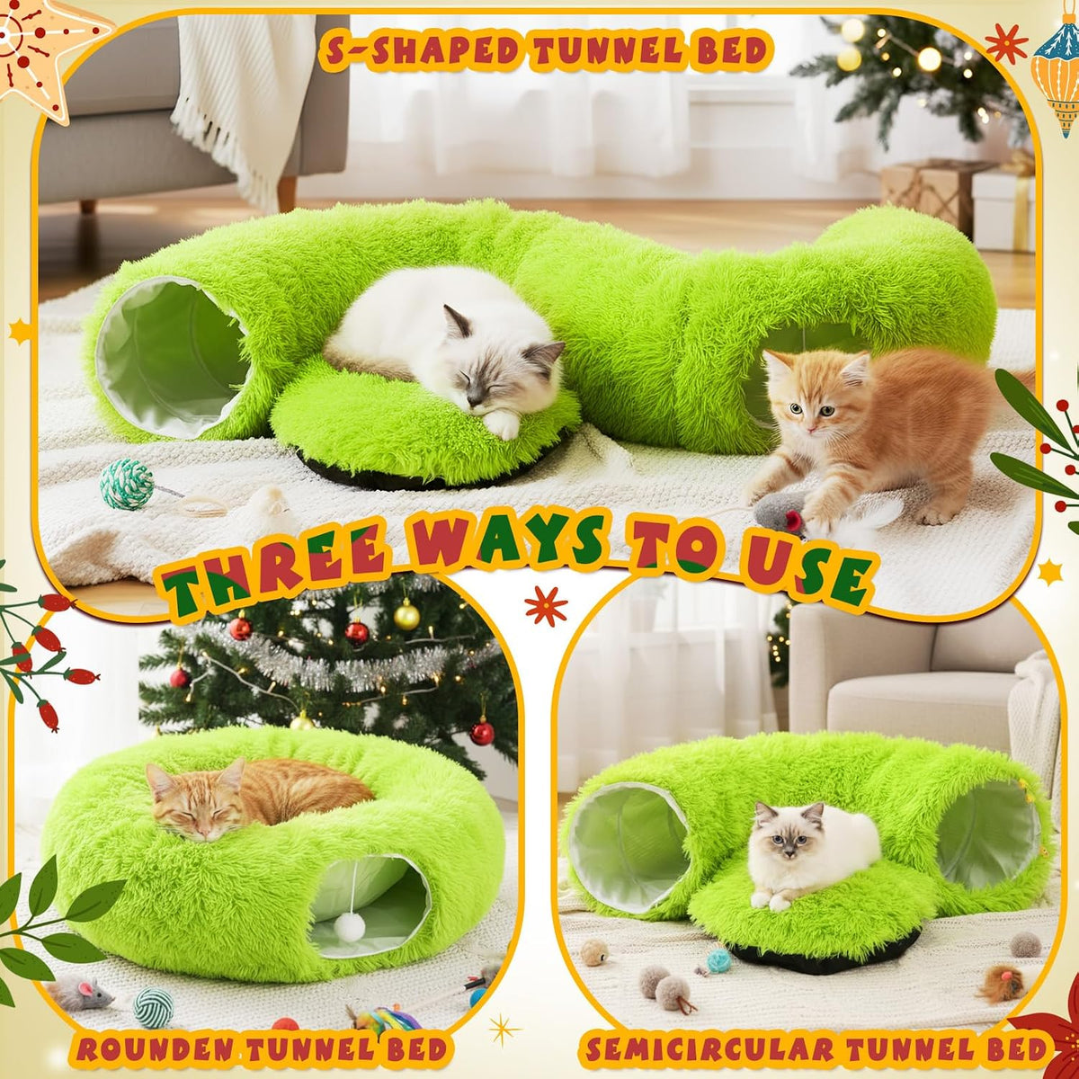 Thyle Christmas Cat Tunnel Bed, Green, 3ft X 3ft X 9.8in, Plush
