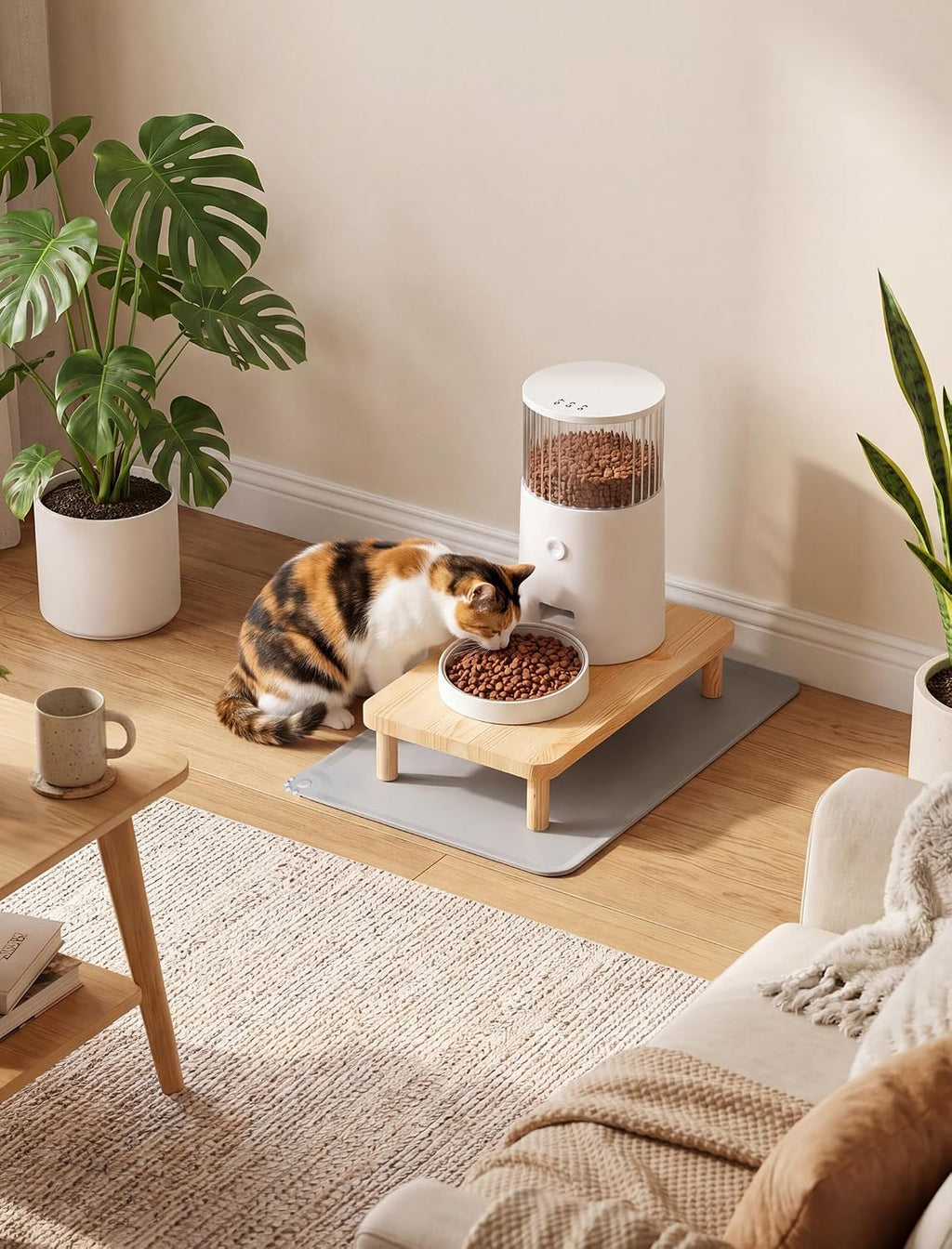 NiHome Cat Feeder Stand, Adjustable Height Wood Cat Food Table with Mat