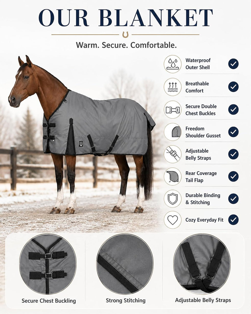 Horse Blanket 600D Ripstop Winter Turnout Blanket, 250 GSM Polyfill, 100% Waterproof & Breathable, Cold Weather Horse Blanket with Secure Fit (Grey w/Black Trim),Size-78