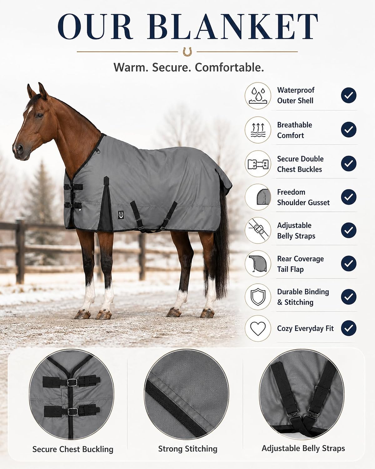 Horse Blanket 600D Ripstop Winter Turnout Blanket, 250 GSM Polyfill, 100% Waterproof & Breathable, Cold Weather Horse Blanket with Secure Fit (Grey w/Black Trim),Size-78