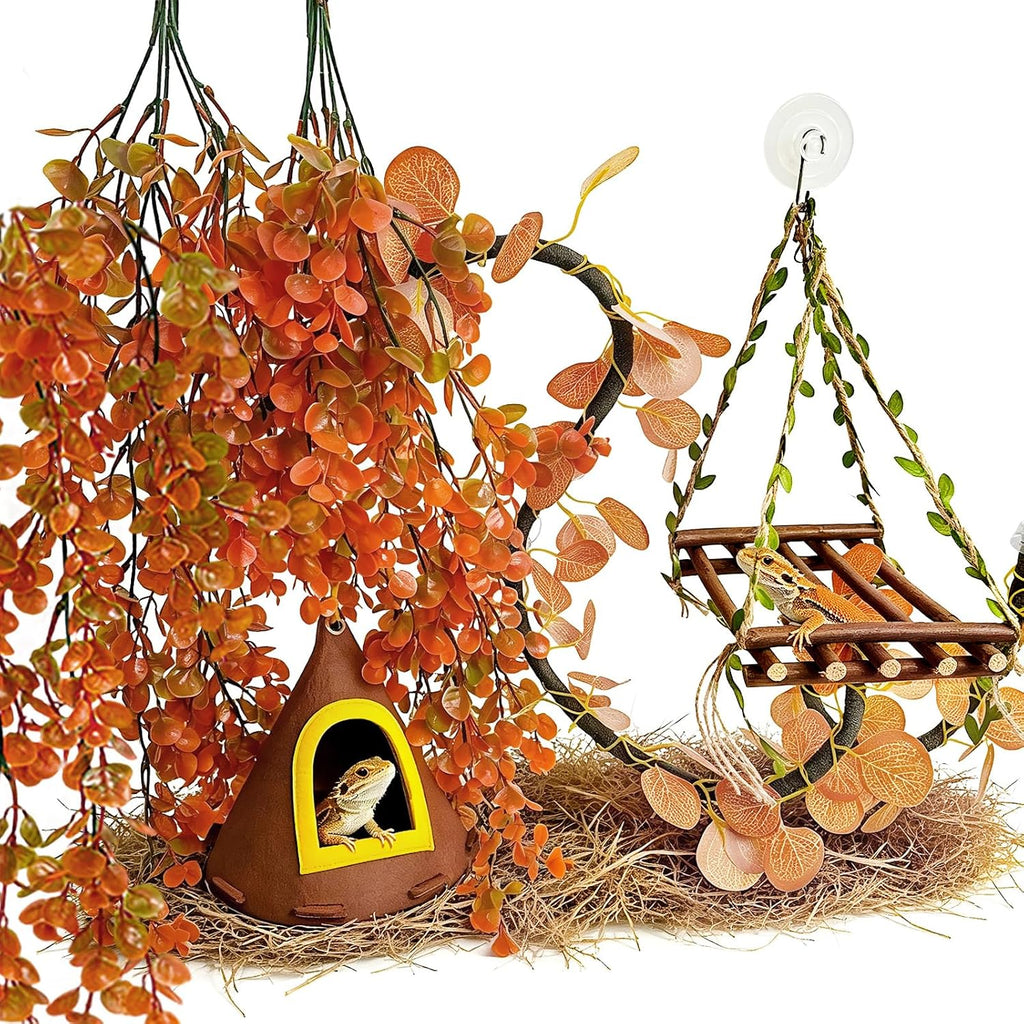 Daily Treasures Fall Reptile Terrarium Decoration,with Felt Hideout&Hammock