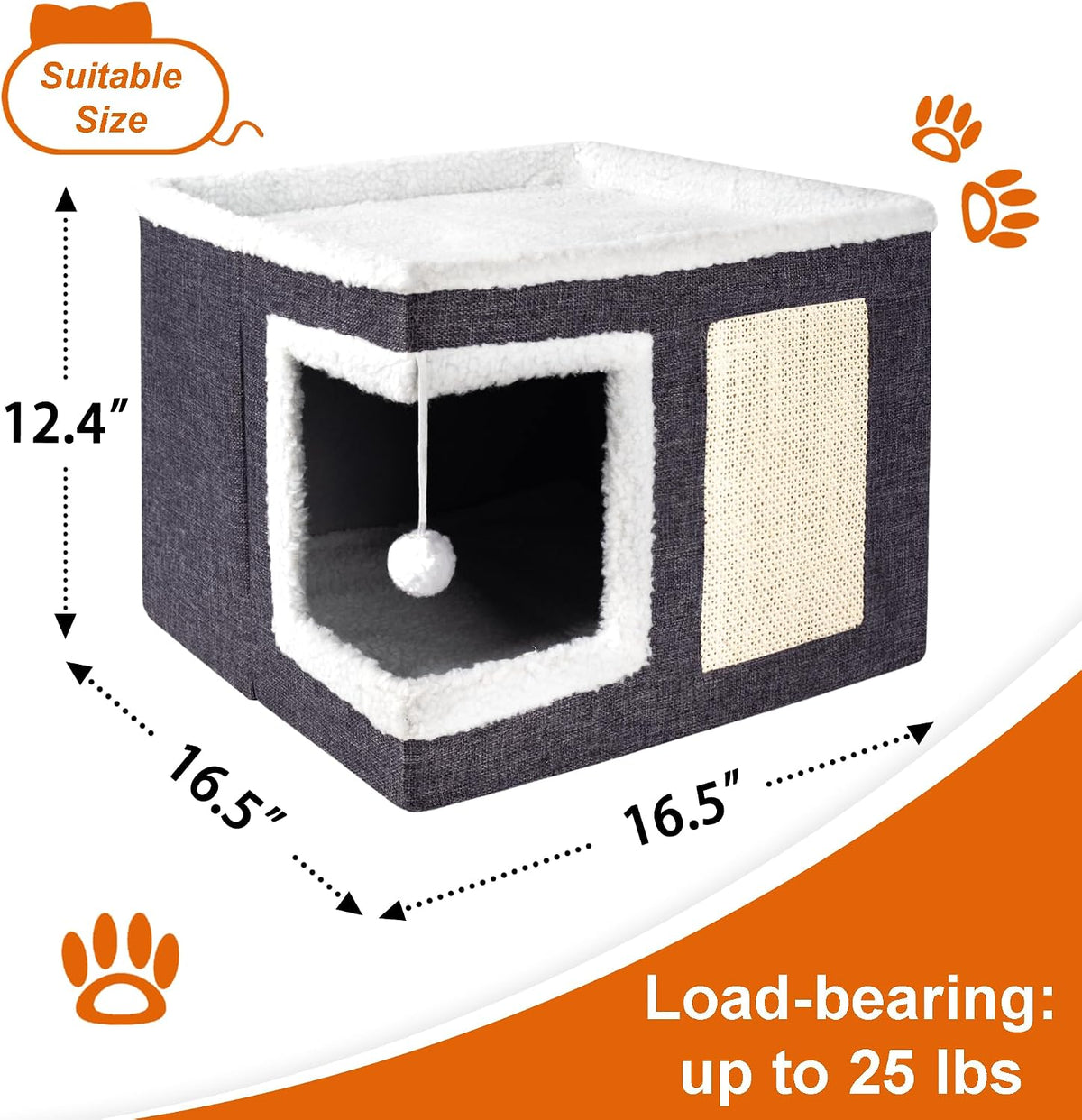 Loyareal Cat Houses for Indoor Cats - Large Cat Bed Cave with Scratch Pad and Fluffy Ball, Foldable Cat Condo Hideaway with Reversible Cushion for Multi Small Pet, Dark Grey