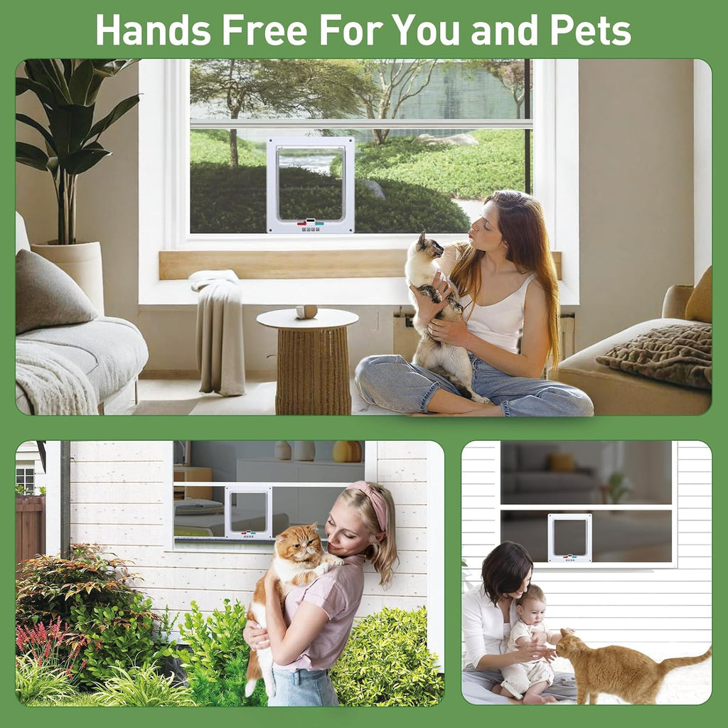 Cat Door for Window, Fits 22"-32" Width Window, with 4 Locking Modes, Clear