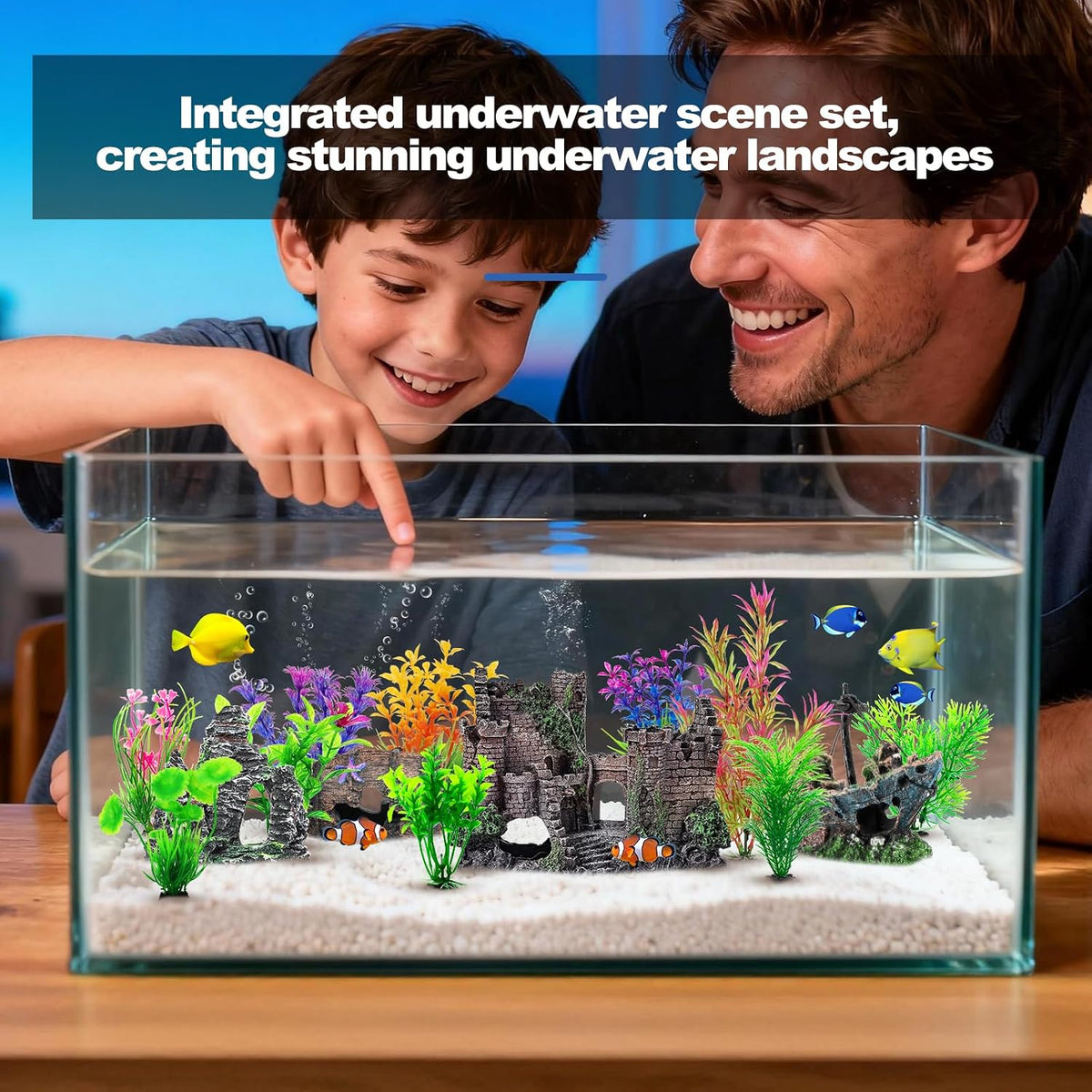CousDUoBe 14 Pcs Aquarium Decorations Large Kit，Castle Fish Tank Bubbler Decorations，Starfish Barrel, Resin Cave Rock,Resin Material Sunken Ship,Aquarium Plants Large Fish Bowl Ornaments