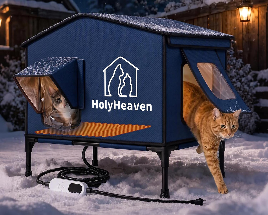 Extra Large PU Leather Heated Cat House for Outside, Waterproof Cat Houses for Outdoor Cats with Heating Pad & Escape Door, Elevated Feral Cat House for Outdoor Cats, 28 x 23 x 19 in (Blue)