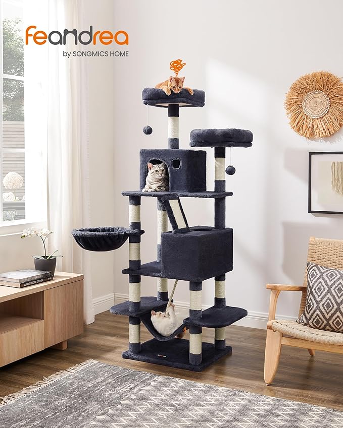Feandrea Cat Tree, 66.1-Inch Large Cat Tower, 2 Perches, 2 Caves, Smoky Gray - Image 2