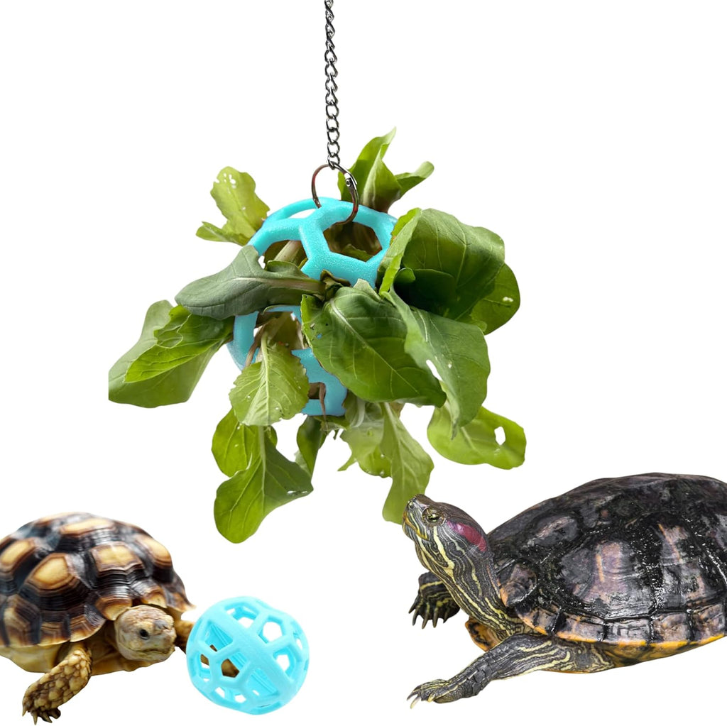 Turtle Feeder Ball with Chain, Hanging Tortoise Treat Ball, Turtle Enrichment Toys, Tortoise Hay Holder, Foraging Food Toy for Small Pet Rabbit Bunny Guinea Pig, Tortoises Accessories (Red Ball)