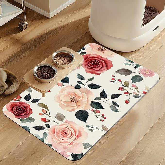 Pink Flower Leaf Pet Feeding Mat–Christmas Stocking Quick Dry Absorbent Dog Cat by LUTASER