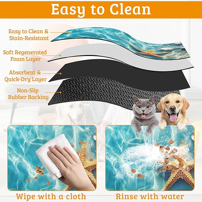 Starfish Shells Dog Cat Food Mat, Sea Beach Absorbent Waterproof Placemat - Image 5