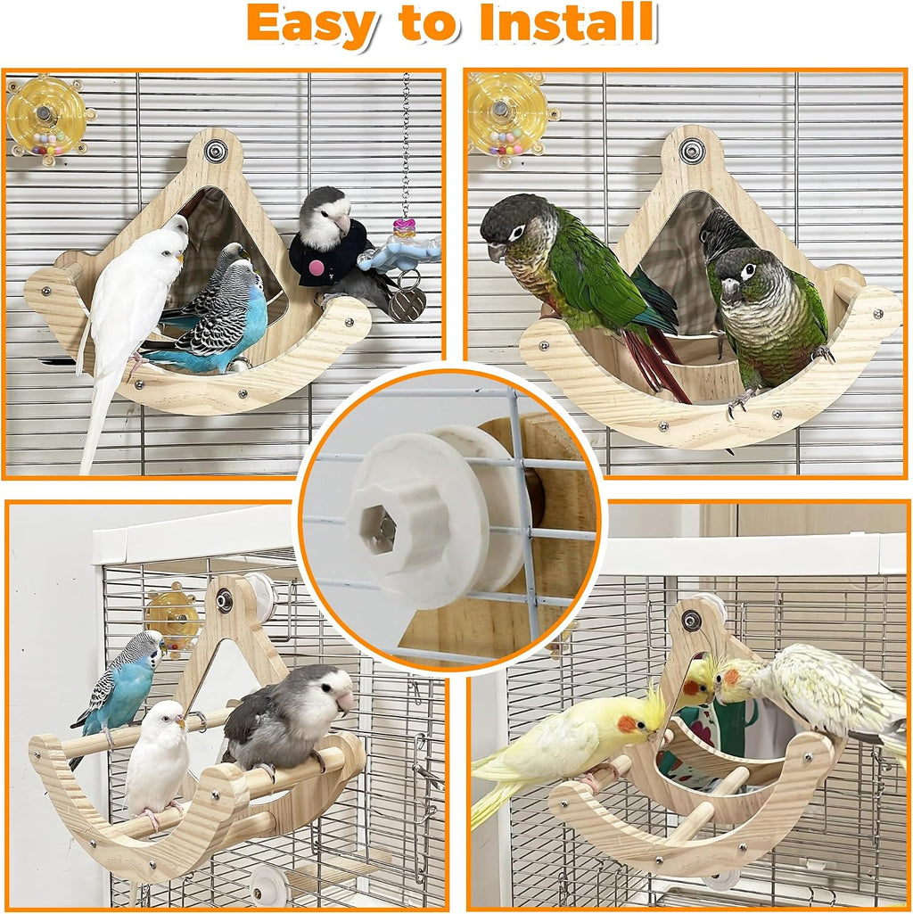 Wooden Bird Perch Swing Toy Combo with Mirror & 360° Spin, Interactive Enrichment Activity Gym Cage Accessories for Parakeet, Cockatiel, Parrot, Budgies, Conure, Lovebird