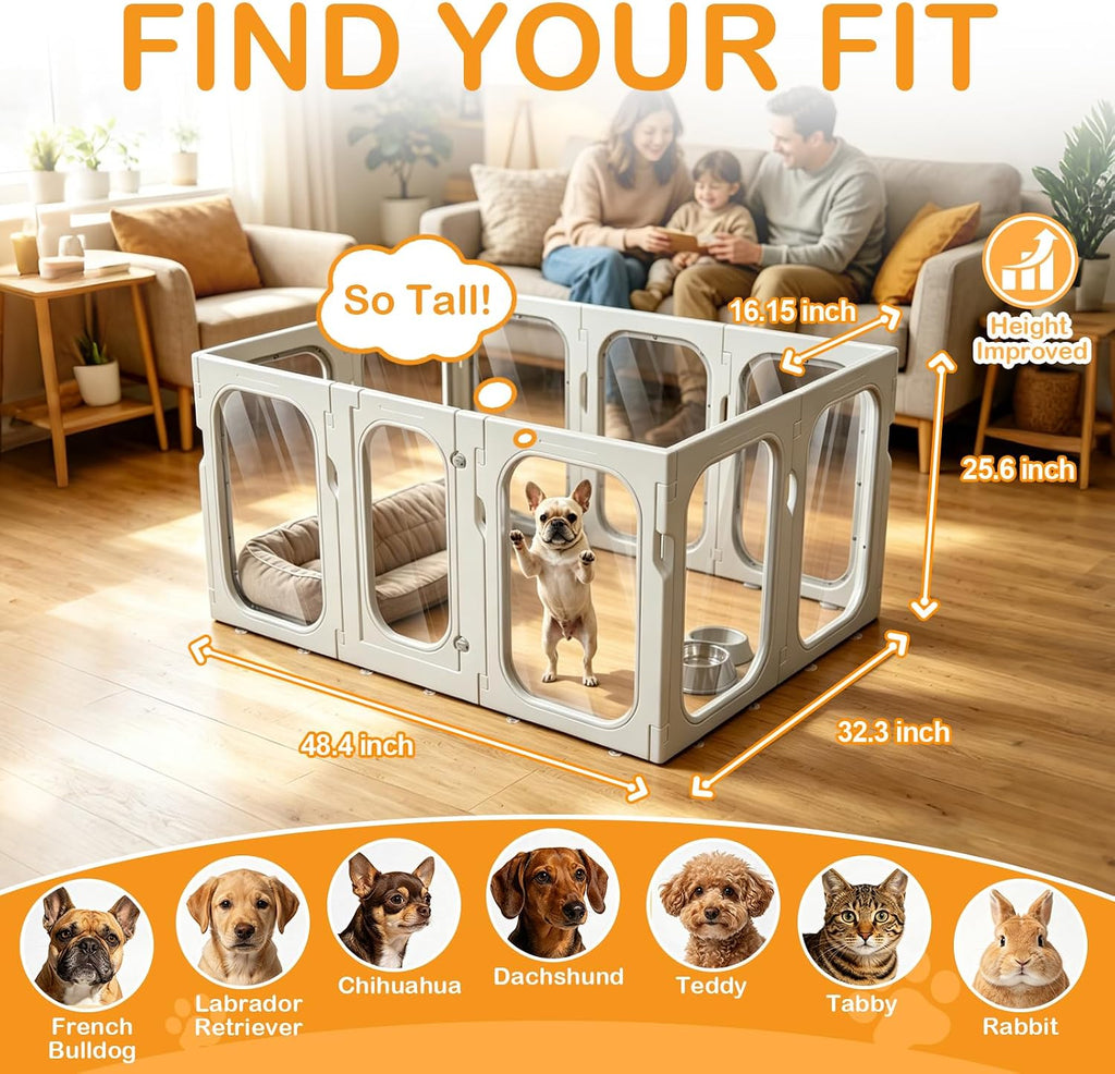 Acrylic Dog Playpen, 10-Panel Clear Transparent Puppy Playpen for Small Dogs Indoor Outdoor, Easy Assembly Foldable Pet Exercise Pen with Locking Door (White, 25.6 INCH, 10 Panels)