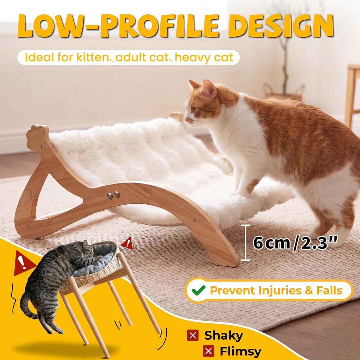 Elevated Cat Bed for Indoor Cats, Cute Paw-Shape Cat Hammock Couch with Cozy Washable Cushion, Solid Wood Pet Furniture for Kitty, Puppy & Bunny (Soft Cream)