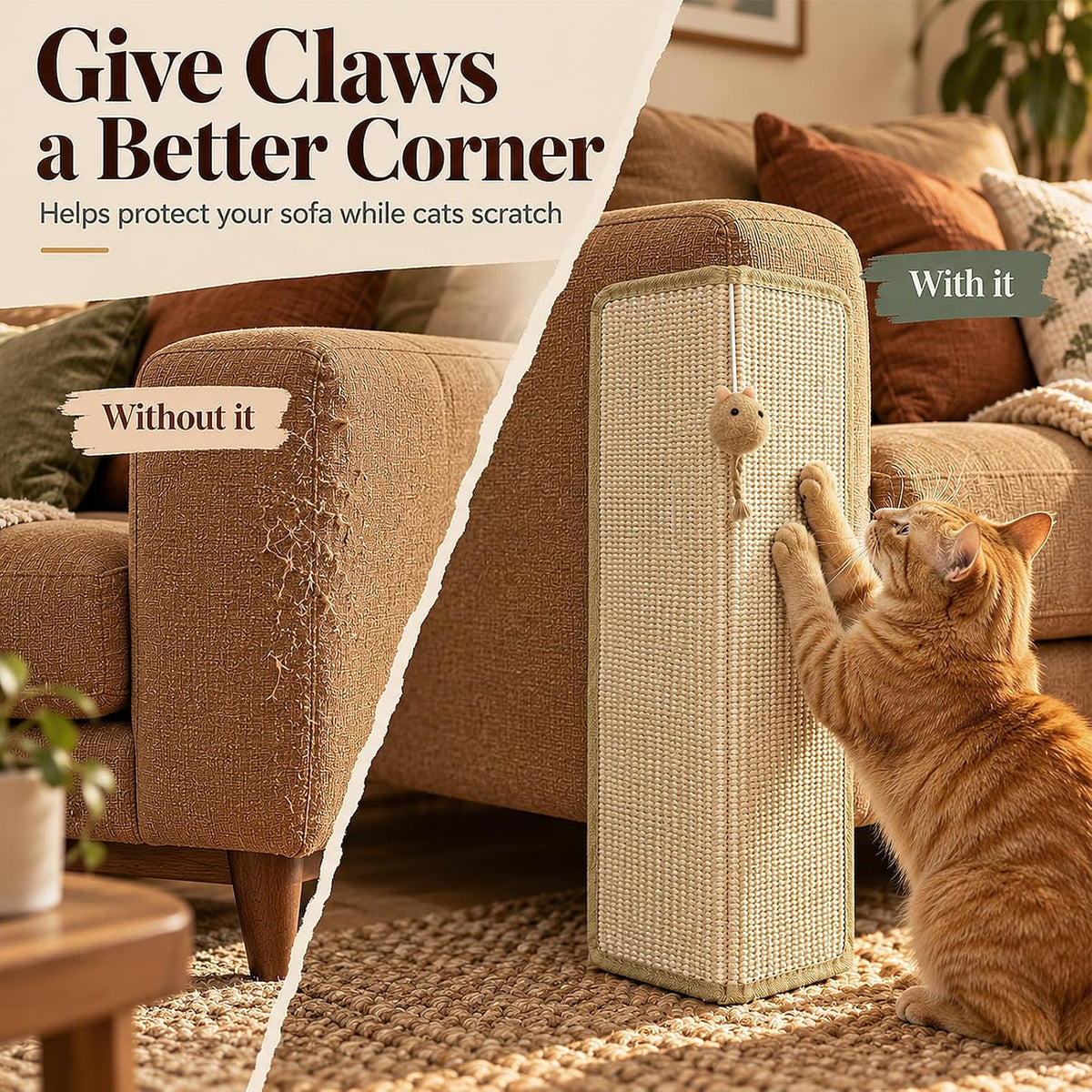 Couch Corner Cat Scratcher, 23.6" Sisal Cat Scratching Post with Toy