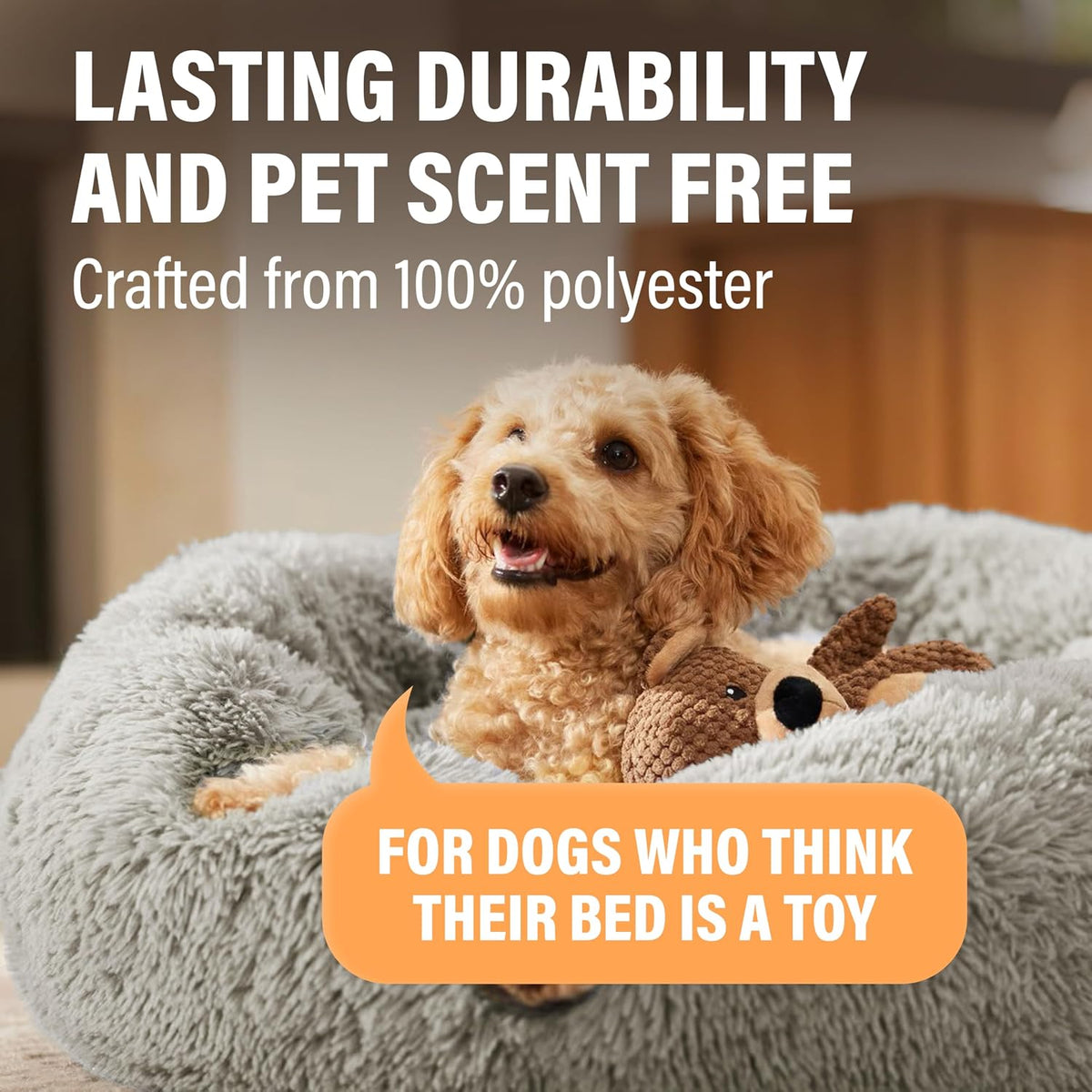 Active Pets Premium Medium Donut Dog Bed, Fits Up to 45 lbs, Machine Washable Cushion, Plush Long Pile Faux Fur Fabric, Portable Beige Pet Bed Furniture for Puppies Adult Canines & Cats