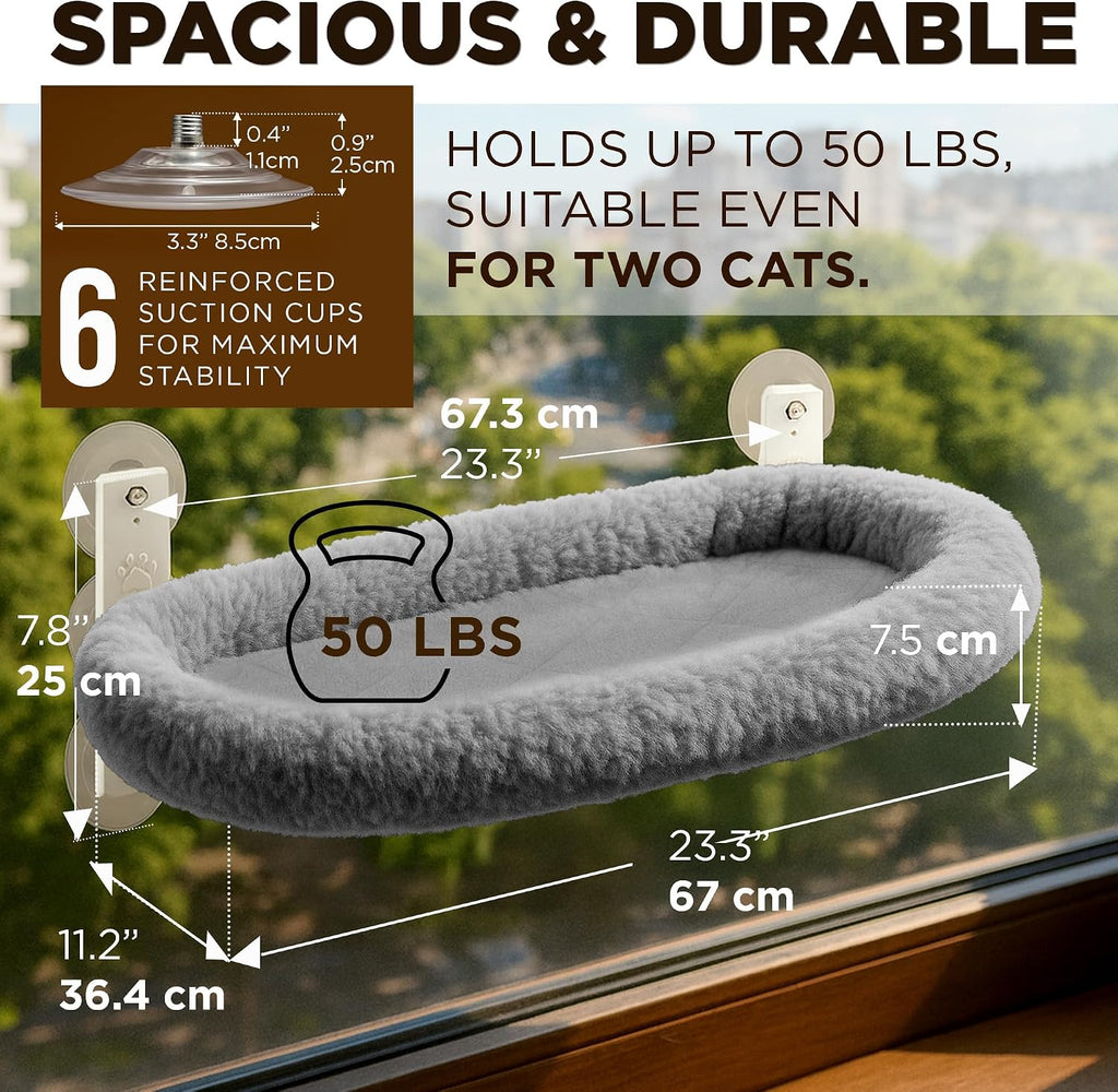 Cat Window Perch – Strong 6 Suction Cup Foldable Cat Hammock Bed for Large Cats and Kittens That Holds up to 50 lbs with Washable Reversible Cover, Sturdy Metal Frame for Window (Gray)