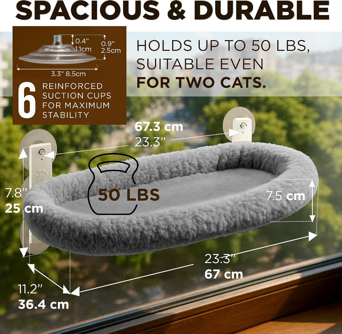 Cat Window Perch – Strong 6 Suction Cup Foldable Cat Hammock Bed for Large Cats and Kittens That Holds up to 50 lbs with Washable Reversible Cover, Sturdy Metal Frame for Window (Gray)